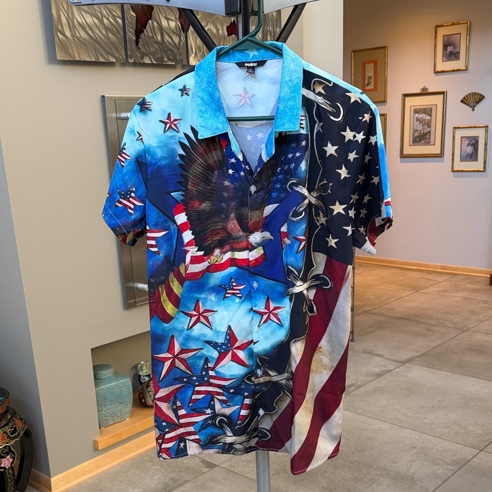 Ouku Patriotic Flag Eagle Star Men's Shirt size M